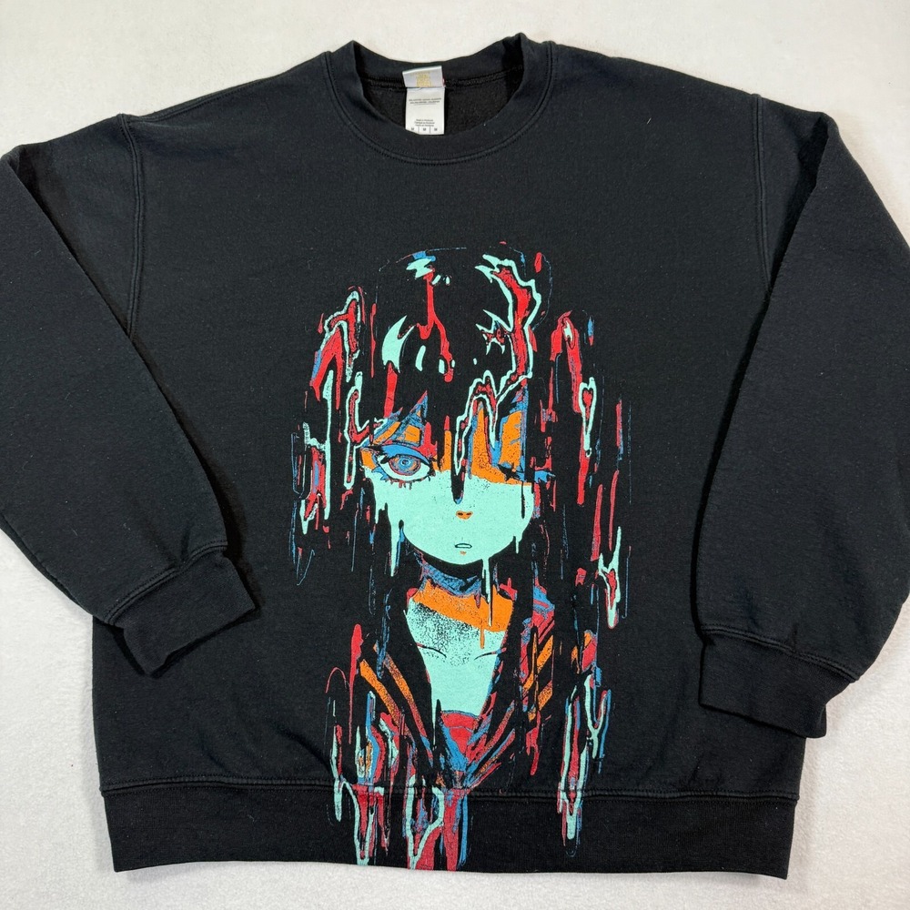 OMOCAT Black Sweatshirt Crew Neck Rain Girl Pullover Anime Art‎ Medium